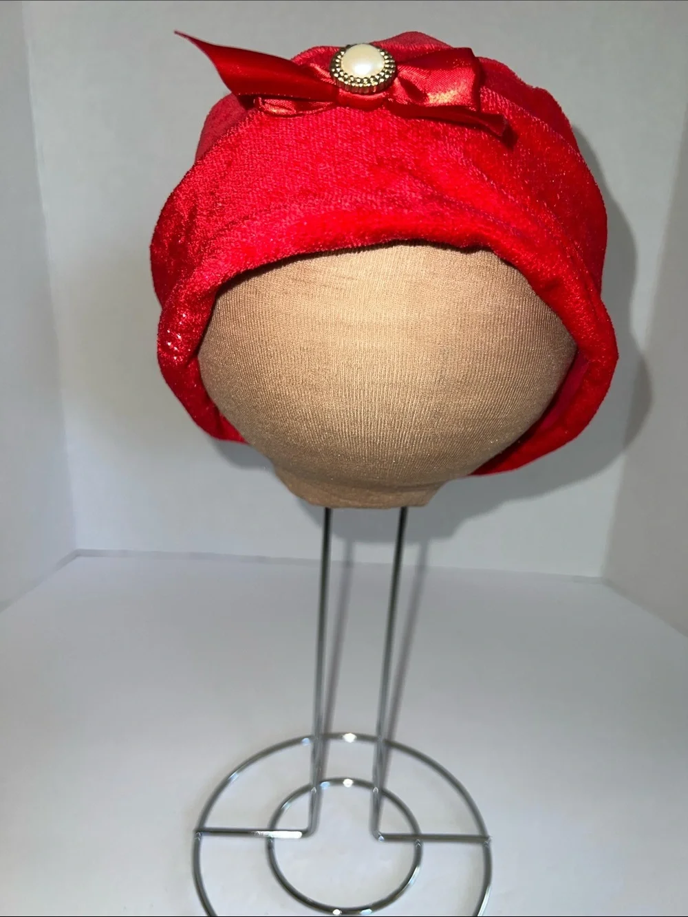 Kids Red Velvet Bow Accent Hat with Pearl Button​